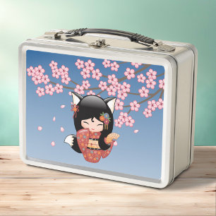 Kitsune Kokeshi Doll - Black Fox Geisha Girl Metal Lunch Box