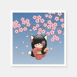 Kitsune Kokeshi Doll - Black Fox Geisha Girl Napkin