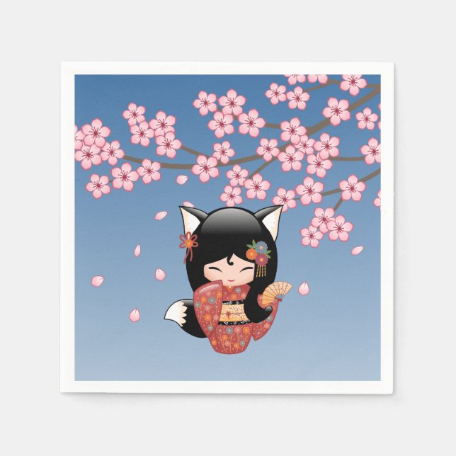Kitsune Kokeshi Doll - Black Fox Geisha Girl Napkin (Front)