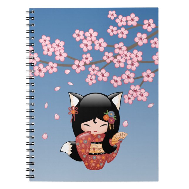Kitsune Kokeshi Doll - Black Fox Geisha Girl Notebook (Front)