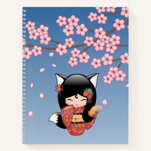 Kitsune Kokeshi Doll - Black Fox Geisha Girl Notebook