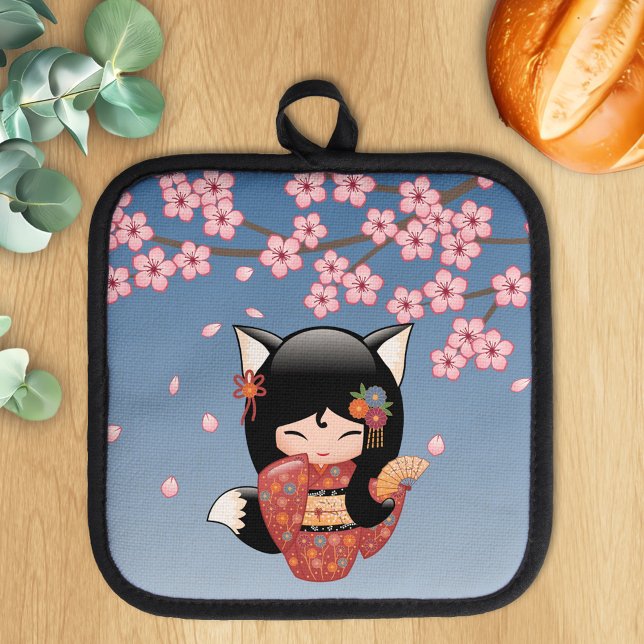 Kitsune Kokeshi Doll - Black Fox Geisha Girl Pot Holder (Creator Uploaded)