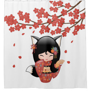 Kitsune Kokeshi Doll Black Fox Geisha Girl Red Shower Curtain