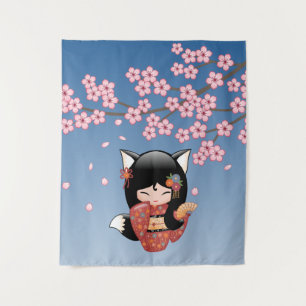 Kitsune Kokeshi Doll - Black Fox Geisha Girl Tapestry