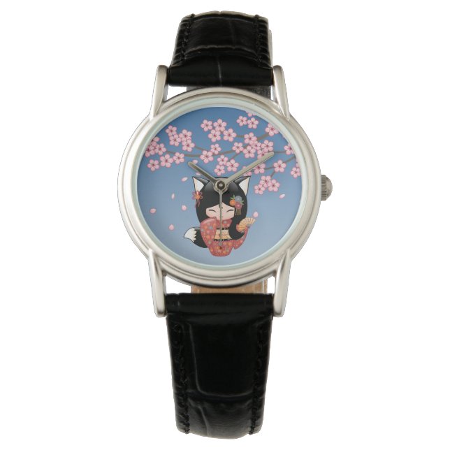 Kitsune Kokeshi Doll - Black Fox Geisha Girl Watch (Front)