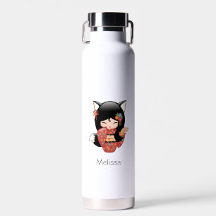 Kitsune Kokeshi Doll - Black Fox Geisha Girl Water Bottle
