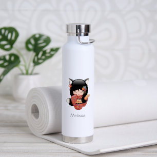 Kitsune Kokeshi Doll - Black Fox Geisha Girl Water Bottle