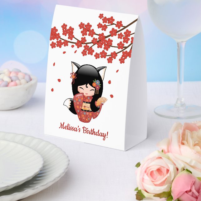 Kitsune Kokeshi Doll Black Fox Geisha Red (Insitu(Wedding))