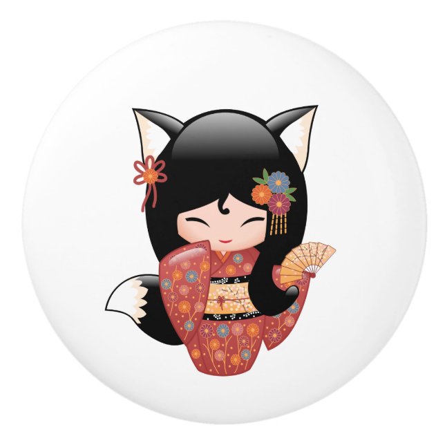 Kitsune Kokeshi Doll - Black Fox Girl Ceramic Knob (Front)