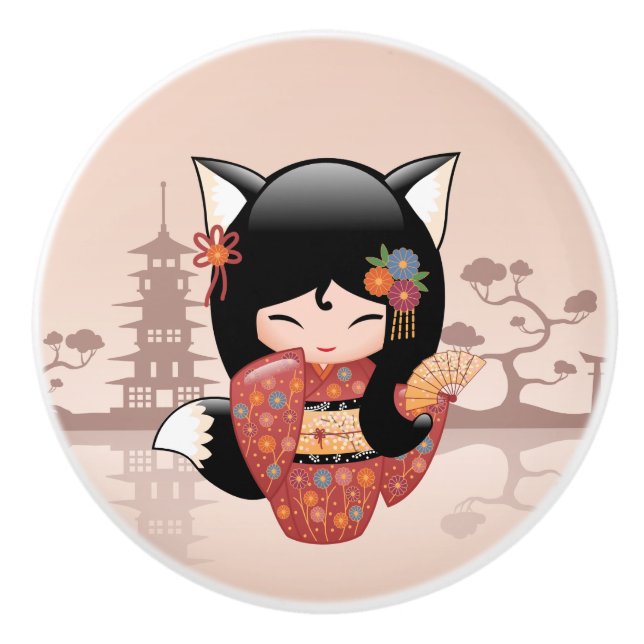 Kitsune Kokeshi Doll - Cute Black Fox Girl Ceramic Knob (Front)