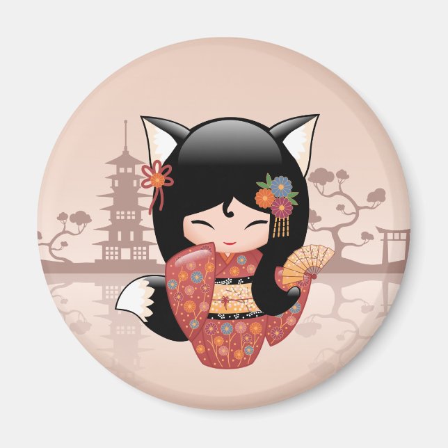 Kitsune Kokeshi Doll - Cute Black Fox Girl Magnet (Front)