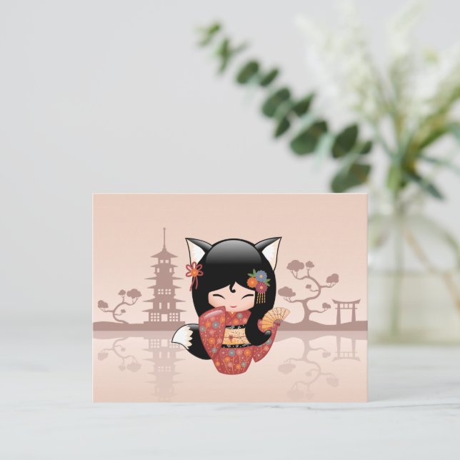 Kitsune Kokeshi Doll - Cute Black Fox Girl Postcard (Standing Front)