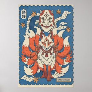 Kitsune Mask Art Horned Fox Spirit with Maple Poster