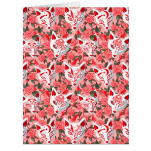 Kitsune masks and blooming camellia on pin postcar