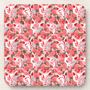 Kitsune masks and blooming camellia on pink coaster
