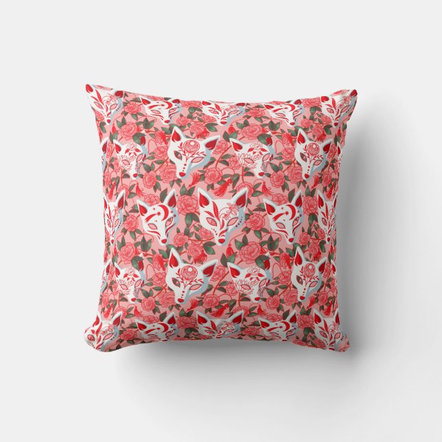 Kitsune masks and blooming camellia on pink cushion (Front)
