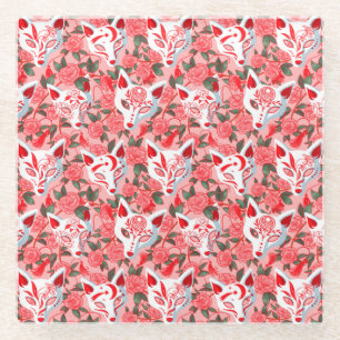 Kitsune masks and blooming camellia on pink glass coaster