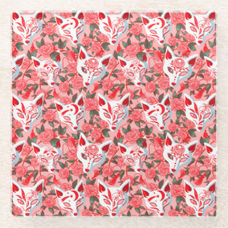 Kitsune masks and blooming camellia on pink glass coaster
