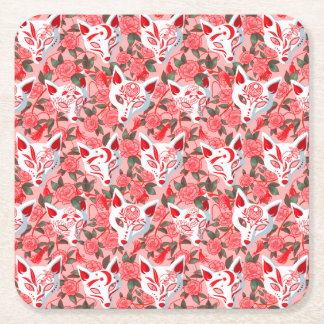Kitsune masks and blooming camellia on pink square paper coaster