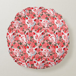 Kitsune masks and blooming camellia on pink throw round cushion