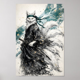 Kitsune Nine Tailed Fox Samurai Ink Wash Art Poster