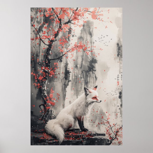 Kitsune Spirit – Japanese Fox in Blossom Forest Poster (Front)