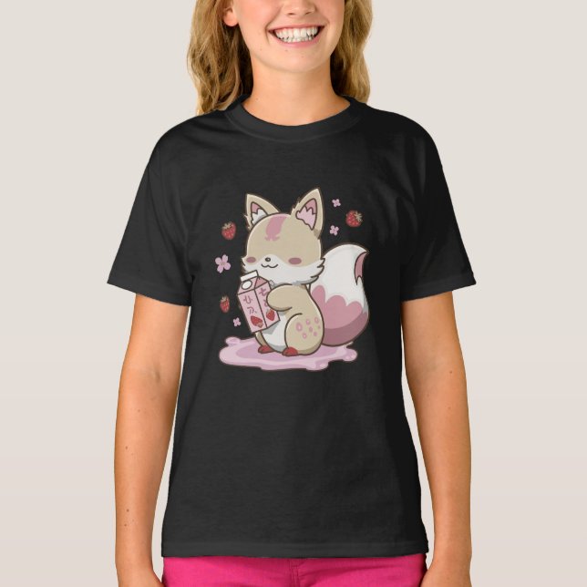 Kitsune Strawberry Milk – Cute Fox Yokai Aesthetic T-Shirt (Front)