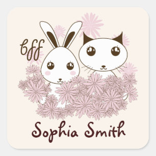 Kitten and Bunny Animal Best Friends Kids Name Square Sticker