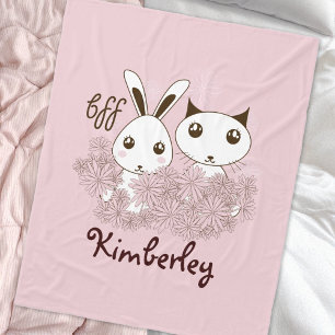 Kitten and Bunny Animal Friends Pink Kids Girls Fleece Blanket