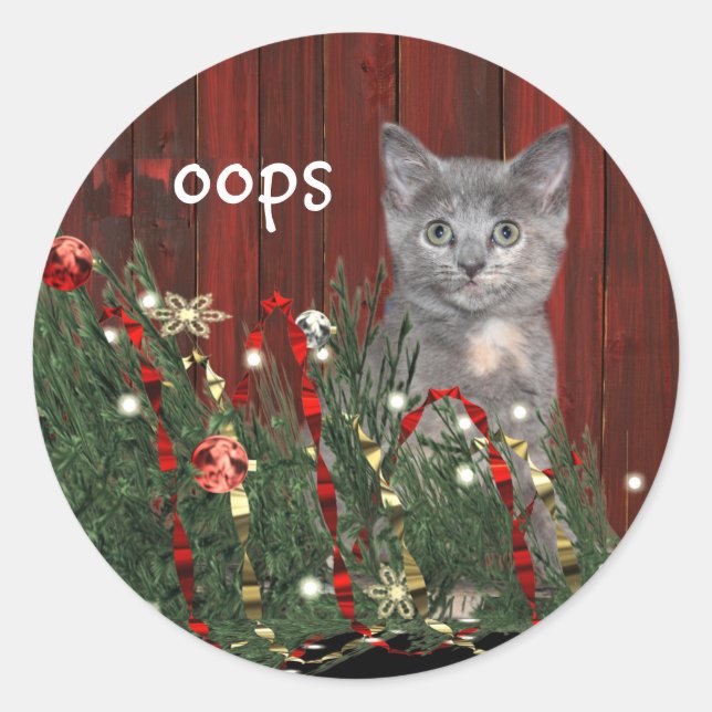 Kitten and fallen Christmas tree Classic Round Sticker (Front)