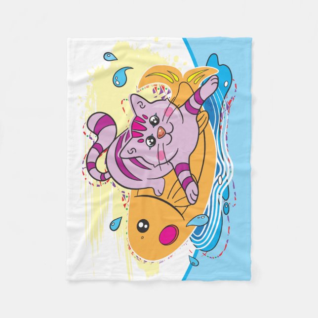 Kitten And Fish Fleece Blanket (Front)