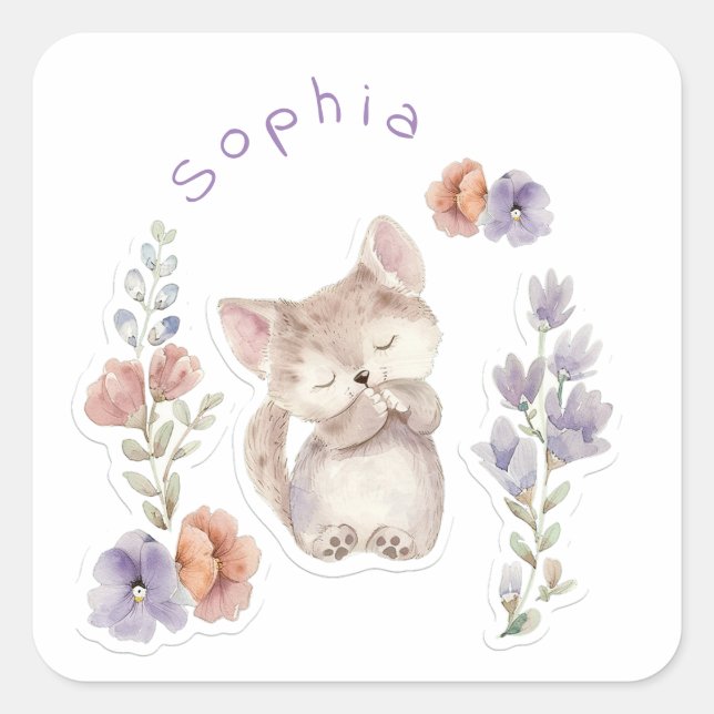 Kitten and flowers, personalised square sticker (Front)