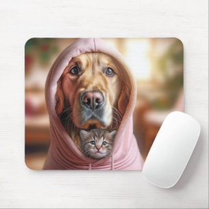 Kitten and Golden Retriever In a Pink Hoodie Mouse Pad