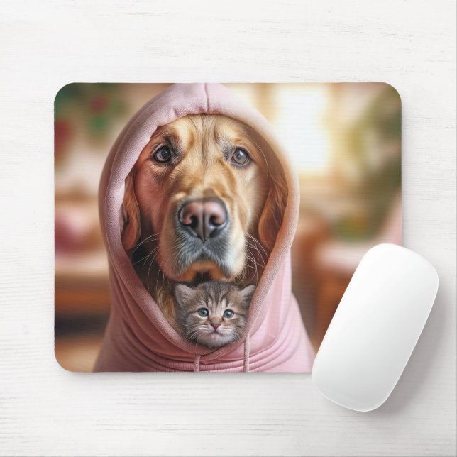 Kitten and Golden Retriever In a Pink Hoodie Mouse Pad (With Mouse)