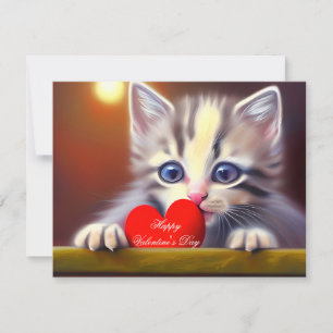 Kitten and heart kids valentine holiday card