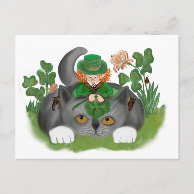 Kitten and Leprechaun Find a Four Leaf Clover Postcard (Front)