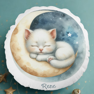 Kitten and Moon Round Cushion