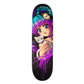 Kitten and Pigtail Manga Girl Skateboard