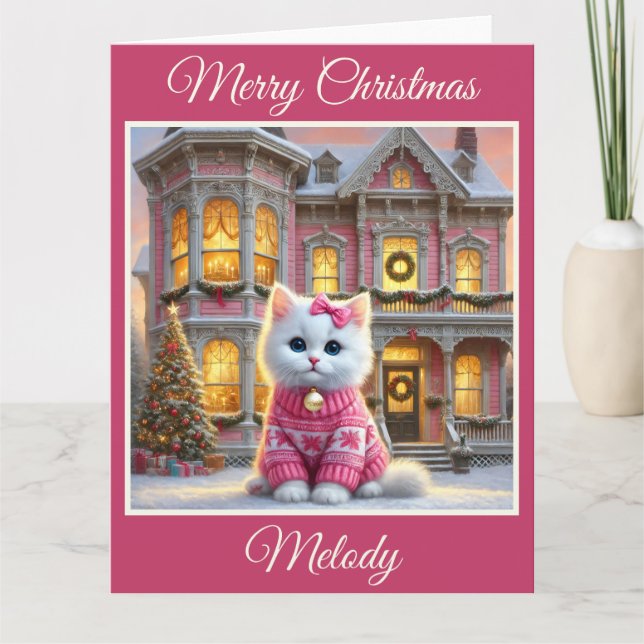 Kitten and Pink Victorian House Christmas Card (Front)