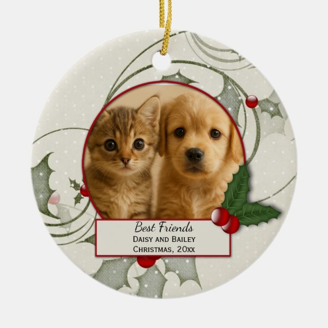 Kitten and Puppy Best Friends Christmas Ornament (Front)