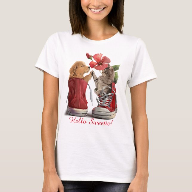 Kitten and puppy greet each other T-Shirt (Front)