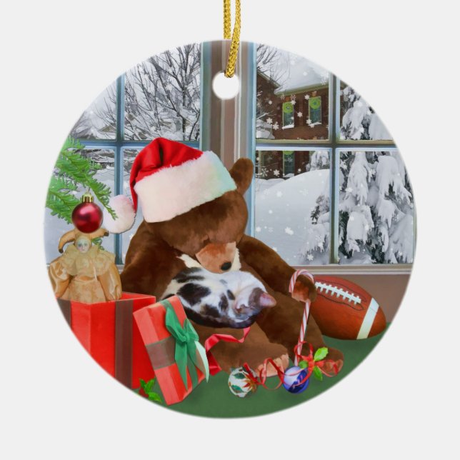 Kitten and Teddy Bear Christmas Dreams Ornament (Front)