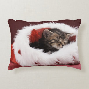 Kitten asleep in Christmas hat Decorative Cushion