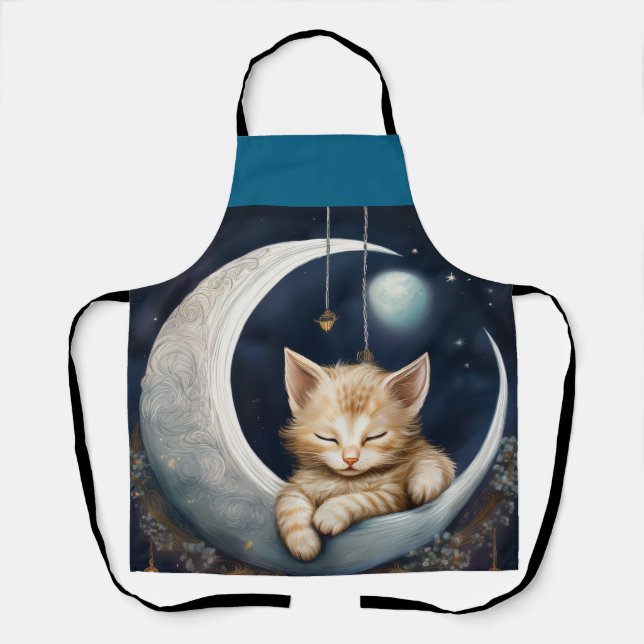 Kitten Asleep On Crescent Moon Object Apron (Front)