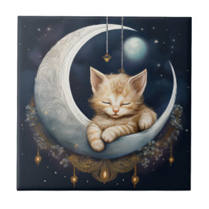 Kitten Asleep On Crescent Moon Object Ceramic Tile
