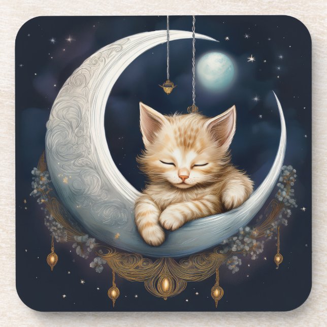 Kitten Asleep On Crescent Moon Object Coaster (Front)