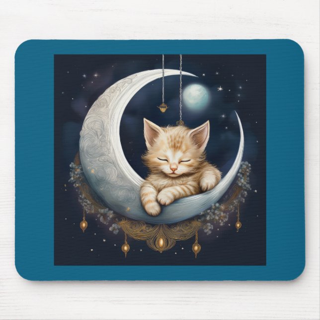 Kitten Asleep On Crescent Moon Object Mouse Pad (Front)