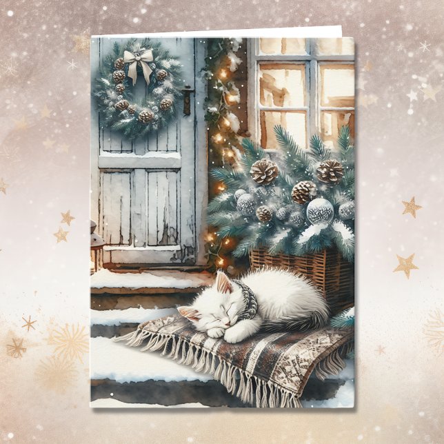 Kitten Asleep on Festive Front Porch Christmas Card (Creator Uploaded)