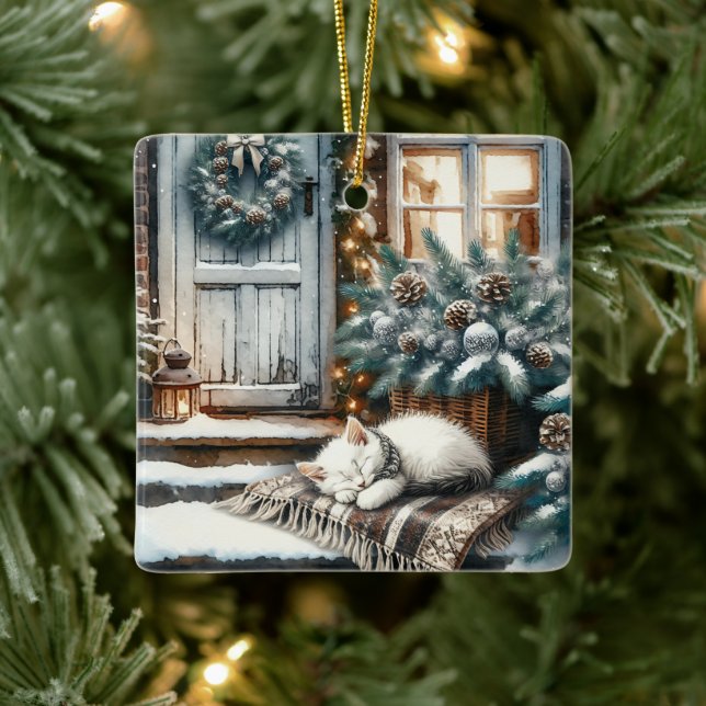 Kitten Asleep on Festive Front Porch Christmas Ceramic Ornament (Tree)