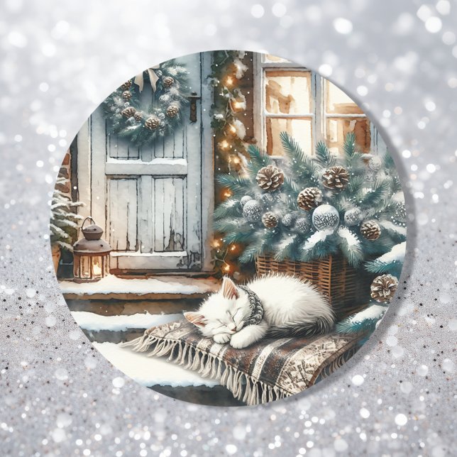 Kitten Asleep on Festive Front Porch Christmas Classic Round Sticker (Creator Uploaded)